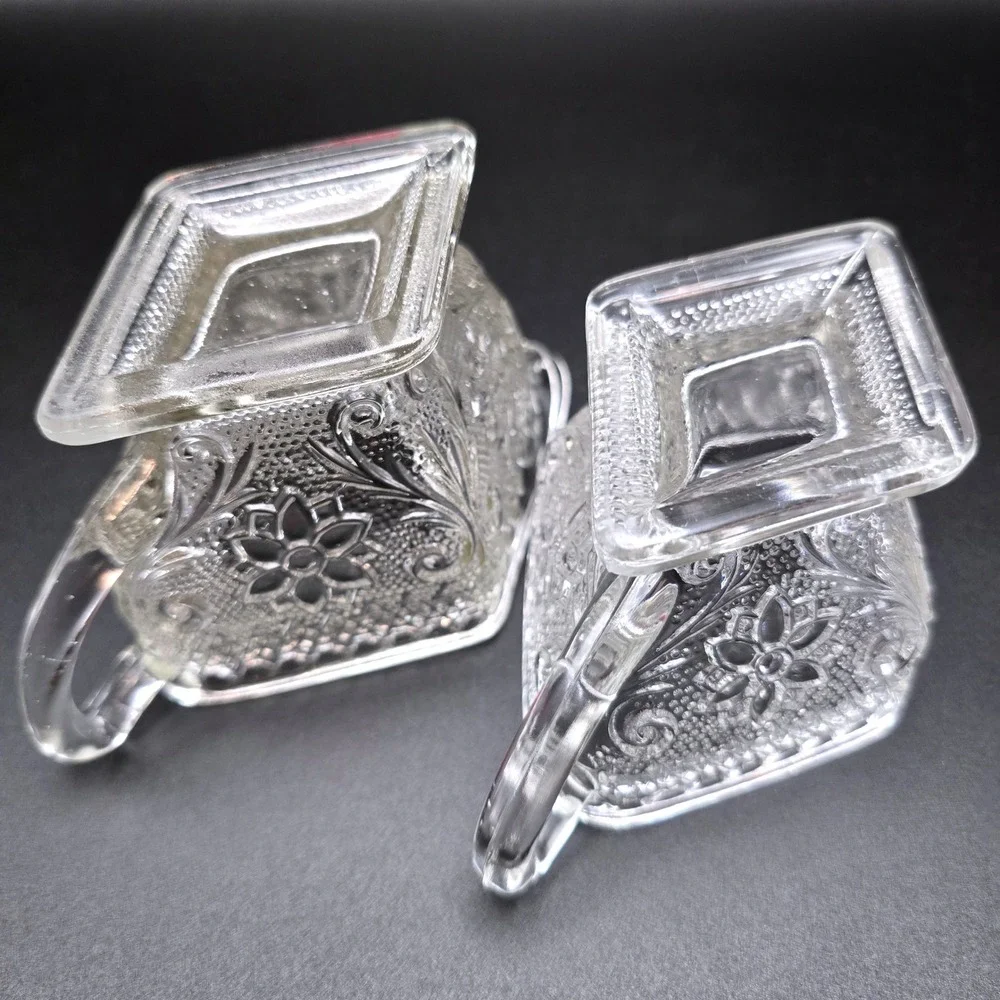 Vintage Clear Pressed Glass‎ Creamer and Sugar Bowl Set Floral Diamond Pattern